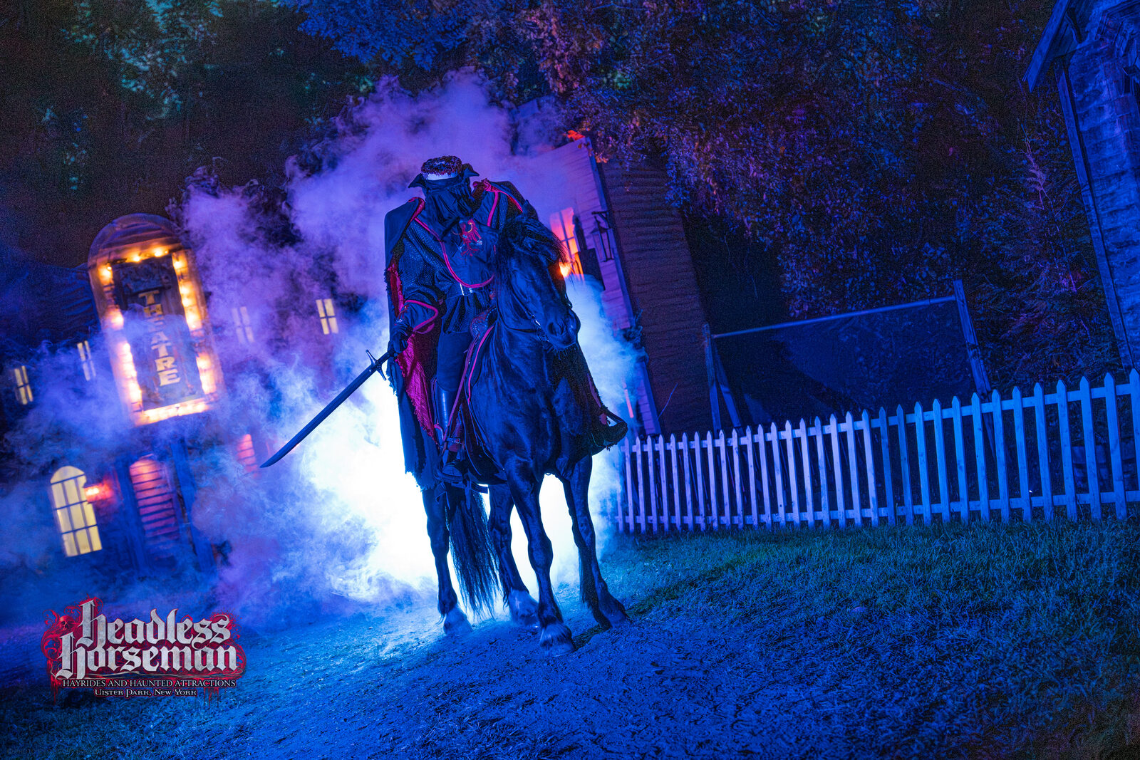 The  Headless Horseman on horseback during the haunted hayride.