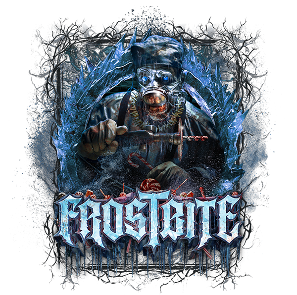 Frostbite written in title text over an illustration of the dentist, Dr. Mortimer Frost, wielding a bloodstained drill, surrounded by jagged ice and a blue glow.